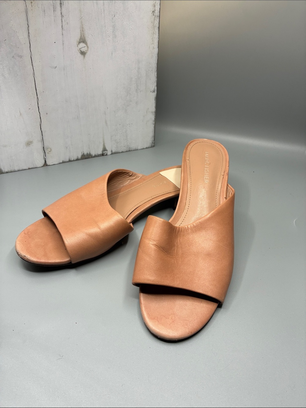 Marc Fisher Tan Leather Open-Toe Slide Mules